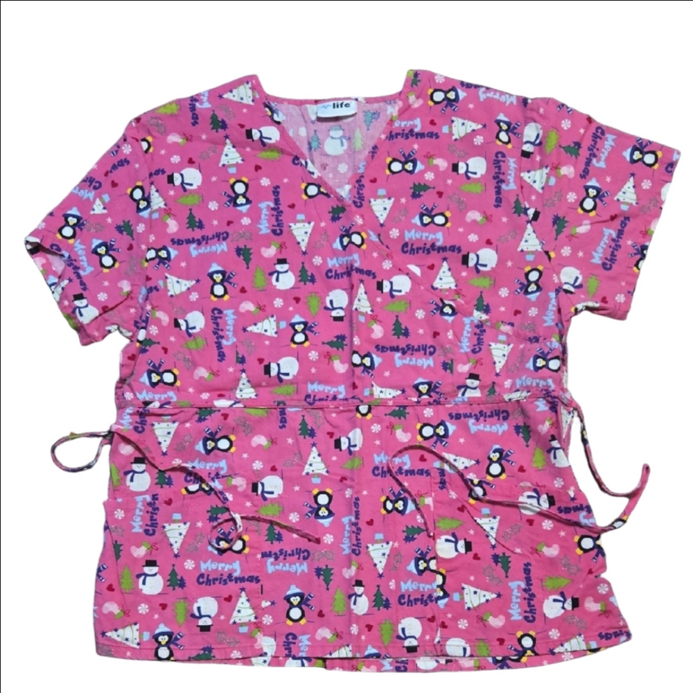 Pink Christmas Scrub Top Large